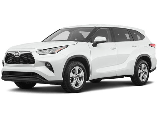 Picture from a driver's side angel, showing the side and front of a white 2022 Toyota Highlander XL SUV.